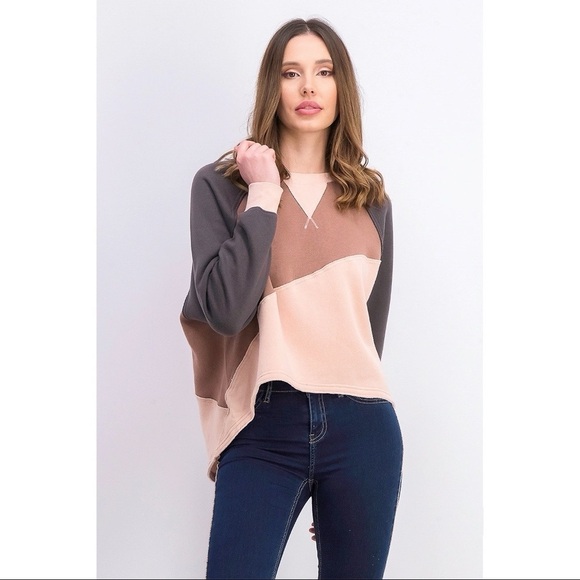 Free People- Women's Colorblocked Crew Neck Sweater, Washed Geranium - Picture 1 of 9